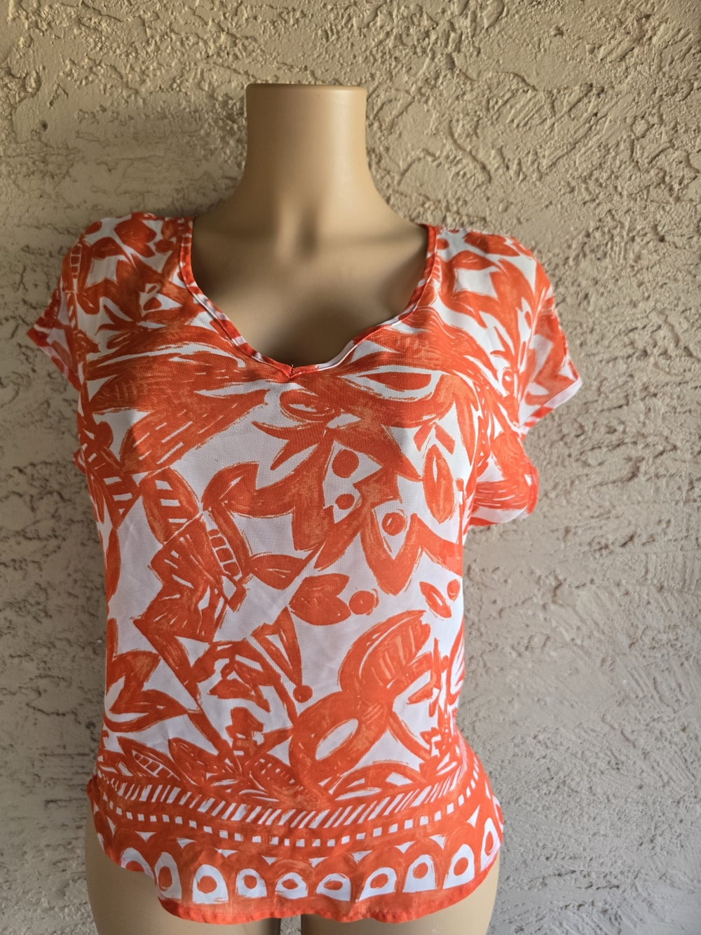 The Limited Orange and White Floral V-Neck Short Sleeve Tee